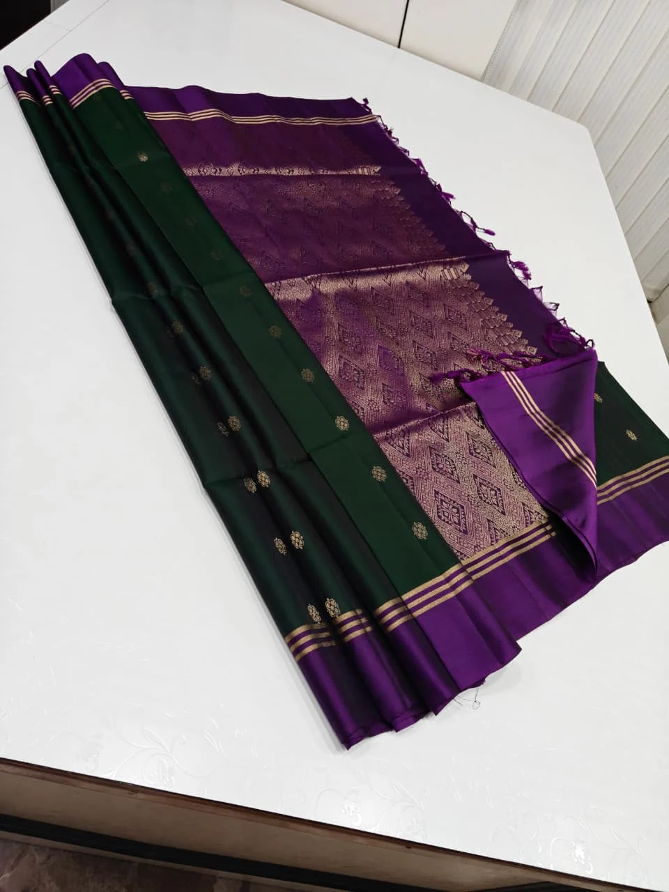 Dark Green with Purple Small Flower Buttas and Triple Gold Stripe Border Soft Silk Saree